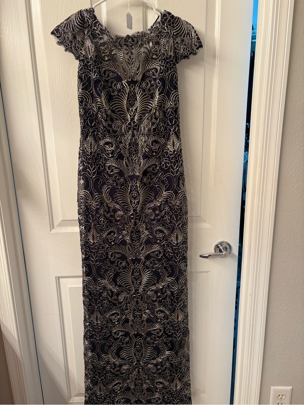 Elegant navy blue Lace Maxi Dress with gold Embroidery